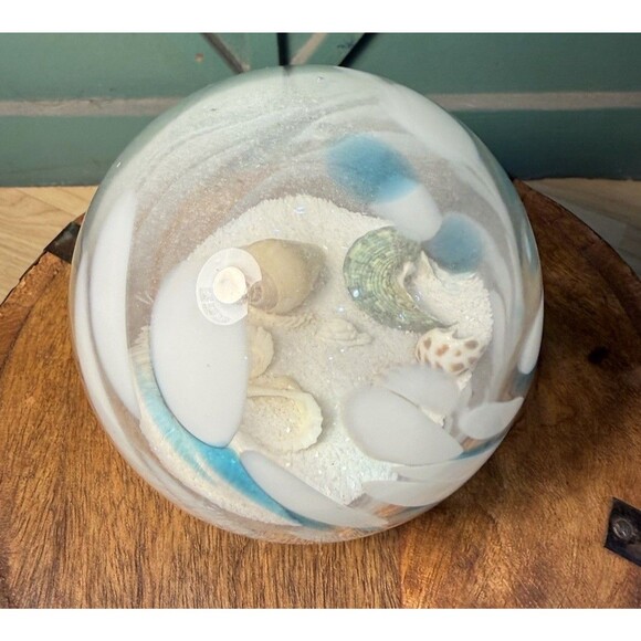 Blown Glass Sea Globe With Sand & Seashells Blue, White, Jade Turbo Shell Beach - Picture 4 of 5